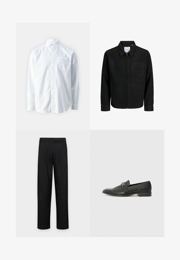 Giacca nera con zip, colletto e una tasca sul petto, mostrata su sfondo bianco.; Guess COLLIN - Camicia - pure white; Pantaloni neri realizzati in tessuto liscio, caratterizzati da un taglio dritto, due pieghe frontali e una vita standard con passanti per la cintura.; Mocassino in pelle nera con finitura liscia, caratterizzato da un design cucito e da un accento decorativo in catena metallica sul vamp. Tacco piatto.