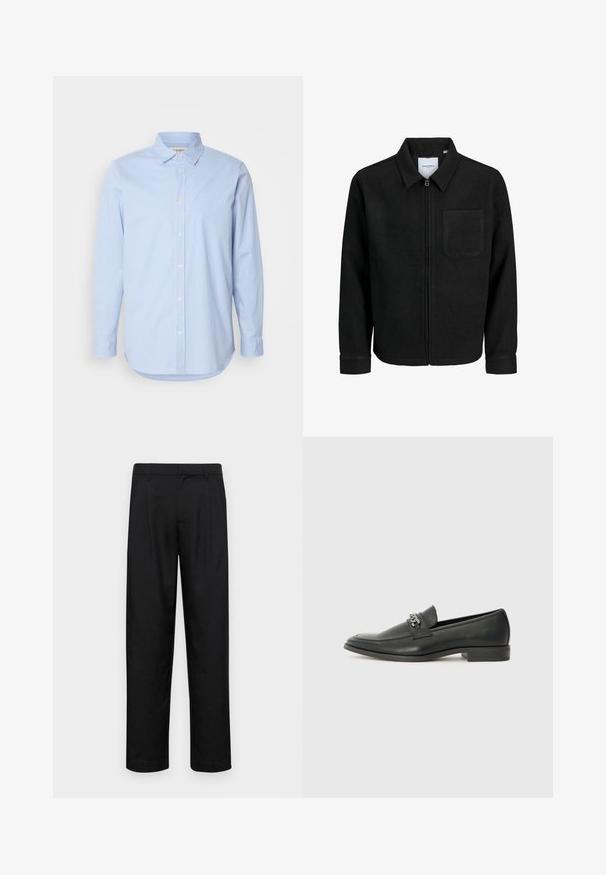 Giacca nera con zip, colletto e una tasca sul petto, mostrata su sfondo bianco.; Camicia a maniche lunghe a quadri blu chiaro con colletto button-down, caratterizzata da un orlo dritto e bottoni bianchi sul davanti.; Pantaloni neri realizzati in tessuto liscio, caratterizzati da un taglio dritto, due pieghe frontali e una vita standard con passanti per la cintura.; Mocassino in pelle nera con finitura liscia, caratterizzato da un design cucito e da un accento decorativo in catena metallica sul vamp. Tacco piatto.