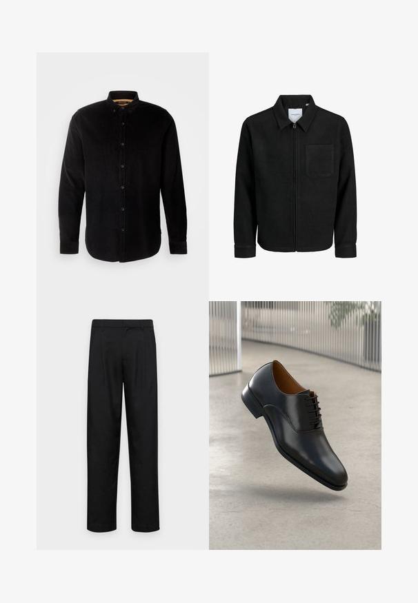 Melna jaka ar rāvējslēdzēju un apkakli, vienu krūšu kabatu, parādīta uz baltas fona.; INDICODE JEANS Krekls - black; Melnas bikses, izgatavotas no gludas auduma, ar taisnu kāju dizainu, divām priekšējām krokām un standarta jostu, kurai ir āķi.; Melna ādas kleitu kurpe ar gludu apdari, norādītu pirkstu un saistvielu dizainu. Iespējama smalka šuvums gar zoli.