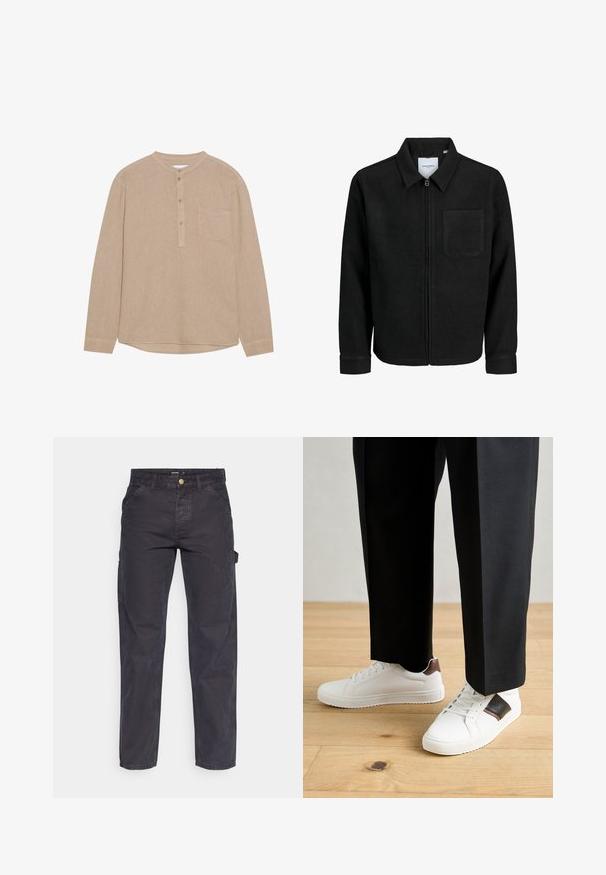 Crna jakna na zip s ovratnikom i jednim džepom na prsima, prikazana na bijeloj pozadini.; Beživa košulja s dugim rukavima, henley izrezom, dugmadi, lijevim džepom na prsima, meke teksture i ovalnim rubom.; Tamno sivi cargo hlače od izdržljivog materijala, s ravnim krojem, pet džepova i kopčanjem na dugme u struku.; Bijele tenisice s glatkom teksturom, s smešnim kožnim detaljima i crnim naglascima, u kombinaciji s crnim krojenim hlačama. Pozadina od drvenog poda.