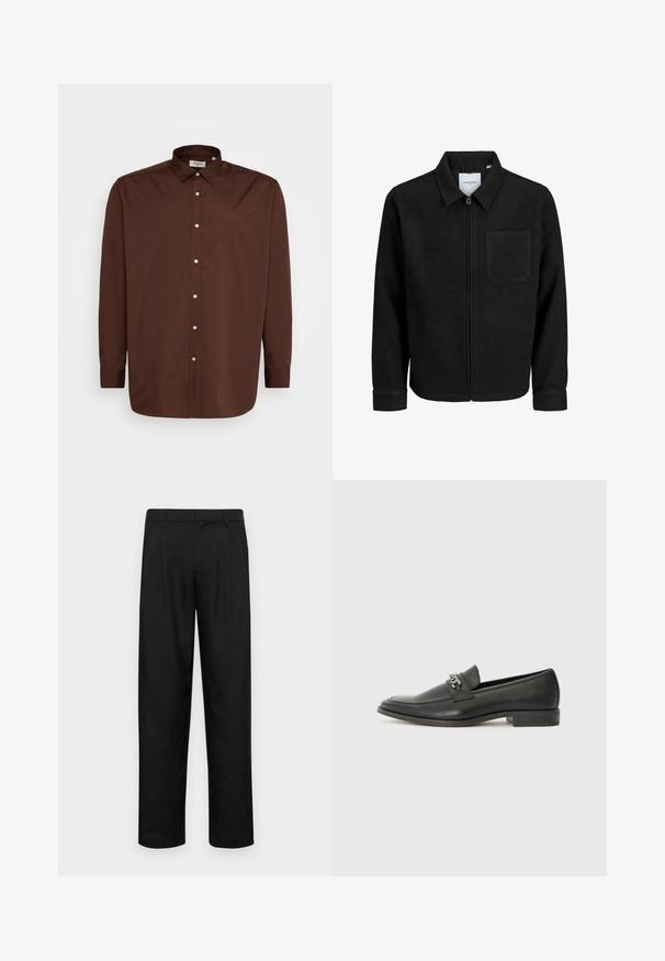 Čierna zipsová bunda s golierom a jednou náprsníkou, vystavená na bielom pozadí.; Hnedá košeľa na gombíky s rozšíreným golierom, dlhými rukávmi a hladkou textúrou látky. Obsahuje biele gombíky na prednej strane.; Čierne nohavice vyrobené z hladkej tkaniny, s rovnými nohavicami, dvoma prednými skladmi a štandardným pásom s pútkami na opasok.; Čierne kožené loafers s hladkým povrchom, s prešitým dizajnom a dekoratívnym kovovým reťazovým akcentom cez priehlavok. Plochý podpätok.