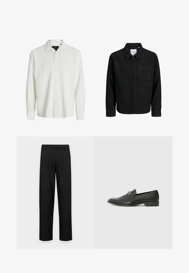Črna jakna z zadrgo in ovratnikom ter enim žepom na prsih, prikazana na beli podlagi.; Bela srajca z dolgimi rokavi, strukturirano tkanino, s koničastim ovratnikom in nežen sijaj. Ima šest gumbov spredaj.; Črne hlače iz gladkega materiala, s krojem ravne noge, dvema sprednjima pregiboma in standardnim pasom z zankami za pas.; Črni usnjeni loafer z gladko površino, ki ima šivano zasnovo in dekorativni kovinski verižni naglas preko vampirja. Ravno peto.