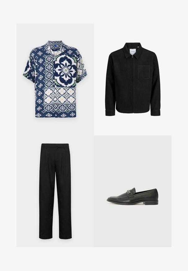 Black zip-up jacket with collar and single chest pocket, displayed on white background.; Short-sleeve shirt in navy with floral and geometric patterns, featuring button closure, soft fabric, and contrasting green and white accents.; Black trousers made of smooth fabric, featuring a straight-leg design, two front pleats, and standard waistband with belt loops.; Black leather loafer with a smooth finish, featuring a stitched design and a decorative metal chain accent across the vamp. Flat heel.