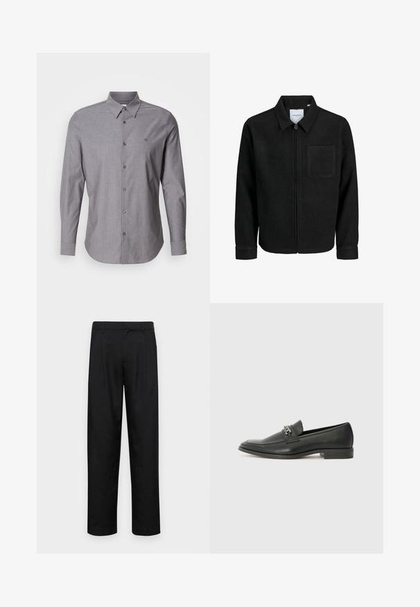 Black zip-up jacket with collar and single chest pocket, displayed on white background.; Gray striped long-sleeve shirt made of cotton, featuring a button-down collar and a logo on the left chest. Slim fit design.; Black trousers made of smooth fabric, featuring a straight-leg design, two front pleats, and standard waistband with belt loops.; Black leather loafer with a smooth finish, featuring a stitched design and a decorative metal chain accent across the vamp. Flat heel.