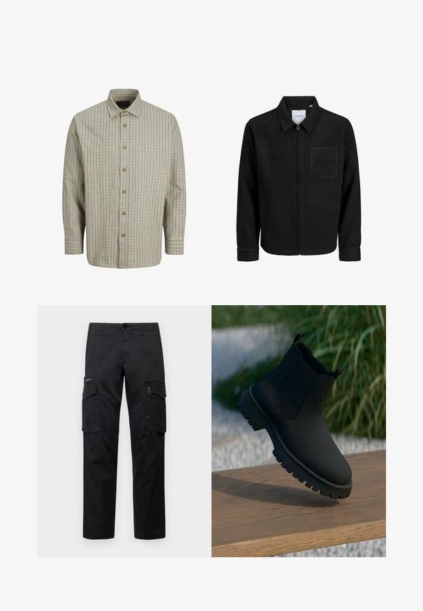 Czarna kurtka z zamkiem na całej długości, z kołnierzem i jedną kieszenią na piersi, umieszczona na białym tle.; Koszula zapinana na guziki, wykonana z lekkiego materiału, w beżowo-granatową kratkę, z kołnierzykiem rozłożystym i drewnianymi guzikami.; Czarne spodnie cargo z wieloma kieszeniami, zamykaną kieszenią na udzie, prostym krojem oraz wytrzymałym bawełnianym materiałem z delikatnym połyskiem.; Czarne botki za kostkę o gładkim wykończeniu, z elastycznymi bocznymi panelami i grubą, solidną podeszwą. Umieszczone na naturalnym tle na drewnianej powierzchni.