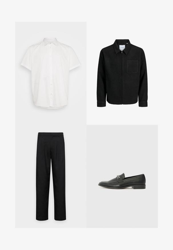 Fekete, zipzáros dzseki gallérral és egyetlen mellzsebbel, fehér háttéren.; Fehér, rövid ujjú, pamut ing, klasszikus gallérral és gombos elülső résszel, egyenes alsó szegéllyel. Simaságának köszönhetően minták nélküli.; Fekete nadrág sima anyagból, egyenes szárú fazonnal, két elülső redővel és közönséges derékkal, övhurkokkal.; Fekete bőr loaferek sima felülettel, varrott mintával és díszítő fém lánccal a cipő elején. Lapos sarok.
