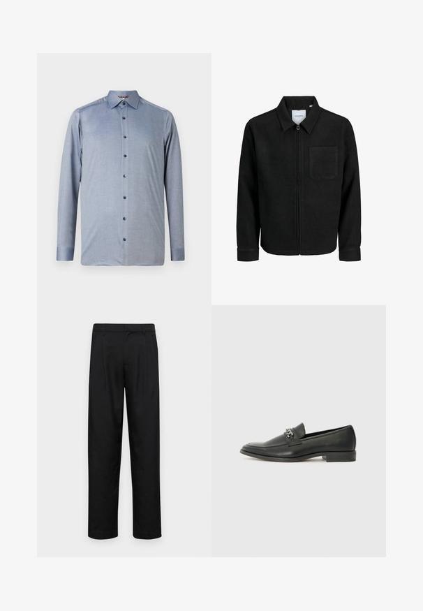 Mustaga lukuga jakker, millel on krae ja üks rinna-tasku, esitatud valgel taustal.; Heled käised ja nupudega särk helesinisest tekstuuriga kangast. Omab klassikalist kraed ja tumedaid siniseid nuppe ees.; Mustad mustadest riietest, millel on sirge jalgade disain, kaks eesmist voltimist ja tavaline vöökoht, millel on vöökohad.; Must haveate nahkking punased, millel on sile viimistlus, tikitud muster ja dekoratiivne metallkett vampi üle. Tasane konts.