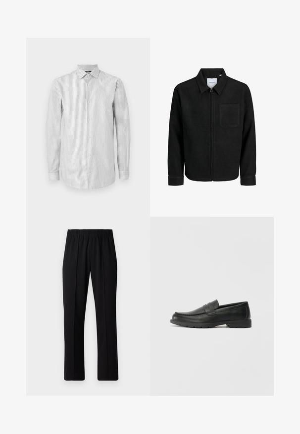 Giacca nera con zip, colletto e una tasca sul petto, mostrata su sfondo bianco.; Camicia a maniche lunghe a righe di colore bianco e grigio chiaro, con colletto e chiusura a bottoni, con polsini a righe a contrasto e una trama liscia.; Pantaloni neri con vita elasticizzata e design a gamba dritta, caratterizzati da una texture liscia e senza motivi o hardware visibili.; Mocassini neri in pelle con una finitura liscia, parte superiore in stile mocassino, dettagli cuciti e suola in gomma. Design classico con tacco basso.