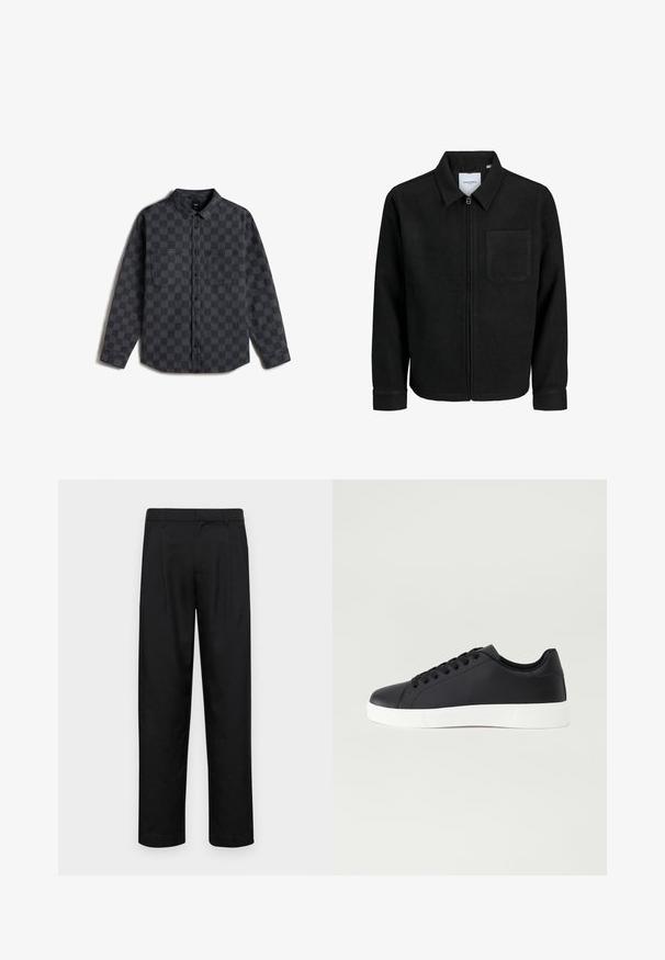 Chaqueta negra con cremallera y cuello, con un solo bolsillo en el pecho, expuesta sobre un fondo blanco.; Camisa de manga larga a cuadros grises hecha de denim, con cuello de botonadura, dos bolsillos en el pecho y un dobladillo recto.; Pantalones negros de tela suave, con un diseño de pierna recta, dos pliegues frontales y una cintura estándar con trabillas para el cinturón.; Pier One Zapatillas - black