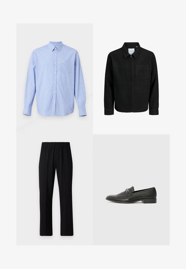 Veste zippée noire avec col et poche poitrine unique, présentée sur fond blanc.; Chemise bleu clair à boutons avec des rayures blanches verticales, manches longues, col pointu, poche poitrine simple et petite étiquette de marque.; Pantalons noirs à taille élastique avec une coupe droite, présentant une texture lisse et sans motifs ni éléments visibles.; Mocassin en cuir noir avec une finition lisse, présentant un design cousu et une accent décoratif en chaîne métallique sur le rand. Talon plat.