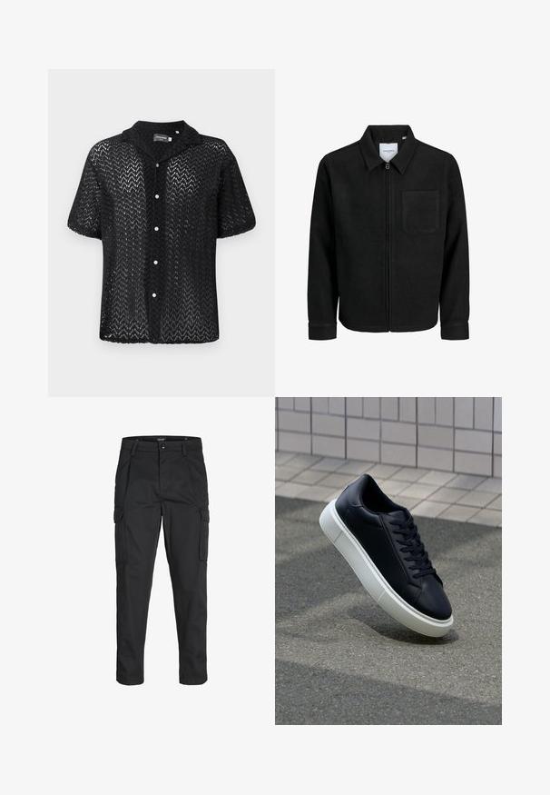 Černá zipová bunda s límečkem a jednou kapsou na hrudi, vystavená na bílém pozadí.; Černá krátkosrstá košile vyrobená z krajkového materiálu s designem chevron, límcem a zapínáním na knoflíky s bílými knoflíky.; Černé cargo kalhoty vyrobené z odolné tkaniny, s mnoha kapsami, knoflíkovým zapínáním a slim fit střihem se zúženými nohavicemi.; Černé kožené tenisky s kulatou špičkou a bílou gumovou podrážkou. mají ploché tkaničky a minimální šití na svršku. Texturovaná podrážka pro lepší přilnavost.