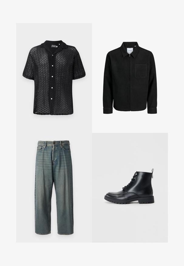 Fekete, zipzáros dzseki gallérral és egyetlen mellzsebbel, fehér háttéren.; Fekete, csipkeből készült, rövid ujjú ing, amely chevron mintával, gallérral és fehér gombokkal ellátott gombos elülső résszel rendelkezik.; Világoskék farmernadrág, laza fazonnal, közepes derékbőséggel és egyenes szárral. Öt zsebet, övbucskát és gombos záródást tartalmaz.; Fekete bőr bokacsizma, kerek orral, fűzős elülső résszel és varrott részletekkel. Hátul húzófüllel és mintás gumitalppal rendelkezik.