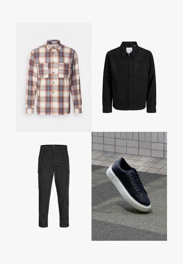 Čierna zipsová bunda s golierom a jednou náprsníkou, vystavená na bielom pozadí.; Karovaná košeľa v krémovej, hnedej a svetlomodrej farbe. Dlhé rukávy, zapínanie na gombíky vpredu s dvoma náprsnými vreckami a čiernymi gombíkovými detailmi. Mäkka textura.; Čierne cargo nohavice z odolnej látky, s viacerými vreckami, gombíkovým zapínaním a úzkym strihom so zúženými nohavicami.; Čierne kožené tenisky s okrúhlou špičkou a bielou gumovou podrážkou. Majú ploché šnúrky a minimálne šitie na vrchu. Textúrovaná podrážka pre lepšiu priľnavosť.