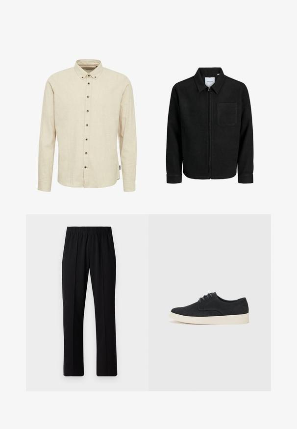 Sort lynlåsjakke med krave og en enkelt brystlomme, vist på hvid baggrund.; Beige langærmet skjorte lavet af struktureret stof, med en skjortekrave og mørke knapper foran.; Sorte bukser med elastisk talje og lige ben, der har en glat tekstur og ingen synlige mønstre eller hardware.; Sort ruskind snørebåndssko med rund tå, let cremefarvet sål og diskrete blå sy-accents på overdelen.