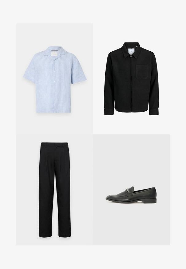 Giacca nera con zip, colletto e una tasca sul petto, mostrata su sfondo bianco.; Camicia azzurro chiaro a maniche corte in lino con strisce bianche verticali, dotata di colletto a punta e cinque bottoni sul davanti.; Pantaloni neri realizzati in tessuto liscio, caratterizzati da un taglio dritto, due pieghe frontali e una vita standard con passanti per la cintura.; Mocassino in pelle nera con finitura liscia, caratterizzato da un design cucito e da un accento decorativo in catena metallica sul vamp. Tacco piatto.