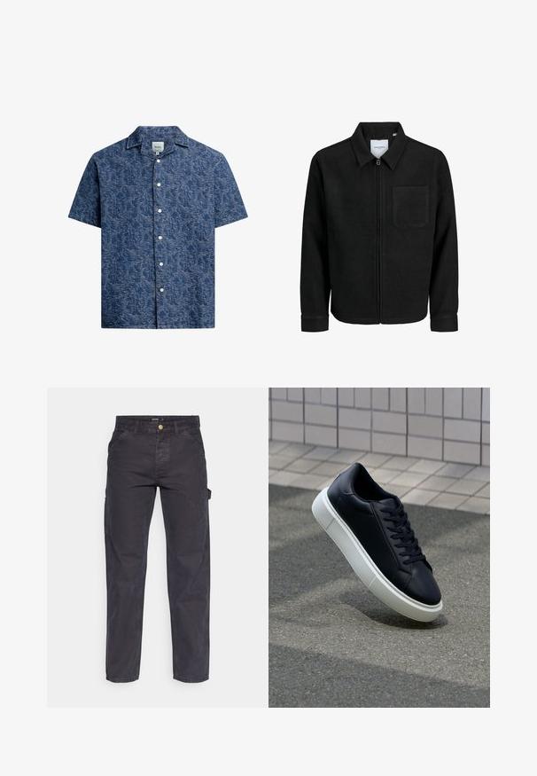Black zip-up jacket with collar and single chest pocket, displayed on white background.; Short-sleeve button-up shirt in textured dark blue fabric with a subtle pattern and a classic collar. Features white buttons down the front.; Dark gray cargo pants made of durable fabric, featuring a straight-leg cut, five pockets, and a button closure at the waist.; Black leather sneaker with rounded toe and white rubber sole. Features flat laces and minimal stitching on the upper. Textured sole for grip.