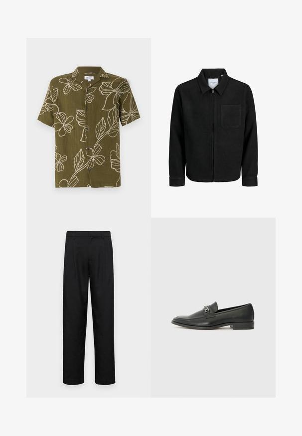Giacca nera con zip, colletto e una tasca sul petto, mostrata su sfondo bianco.; Camicia a maniche corte verde oliva con ricami floreali bianchi, chiusura con bottoni sul davanti e vestibilità rilassata. Texture morbida, design casual adatto per il tempo caldo.; Pantaloni neri realizzati in tessuto liscio, caratterizzati da un taglio dritto, due pieghe frontali e una vita standard con passanti per la cintura.; Mocassino in pelle nera con finitura liscia, caratterizzato da un design cucito e da un accento decorativo in catena metallica sul vamp. Tacco piatto.