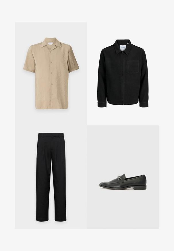 Črna jakna z zadrgo in ovratnikom ter enim žepom na prsih, prikazana na beli podlagi.; Bež srajca s kratkimi rokavi iz lahkega materiala z gumbnim zapenjanjem, klasičnim ovratnikom in rahlo teksturirano površino.; Črne hlače iz gladkega materiala, s krojem ravne noge, dvema sprednjima pregiboma in standardnim pasom z zankami za pas.; Črni usnjeni loafer z gladko površino, ki ima šivano zasnovo in dekorativni kovinski verižni naglas preko vampirja. Ravno peto.