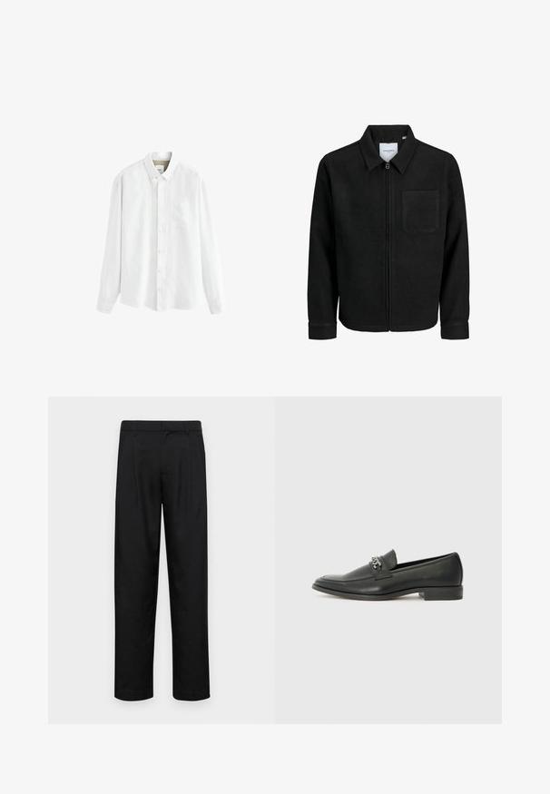 Mustaga lukuga jakker, millel on krae ja üks rinna-tasku, esitatud valgel taustal.; Valge pikkade varrukatega särk, mis on valmistatud kerge kangaga. Särgil on nööbid alla, esine tasku ning klassikaline nööpide kinnitamine.; Mustad mustadest riietest, millel on sirge jalgade disain, kaks eesmist voltimist ja tavaline vöökoht, millel on vöökohad.; Must haveate nahkking punased, millel on sile viimistlus, tikitud muster ja dekoratiivne metallkett vampi üle. Tasane konts.