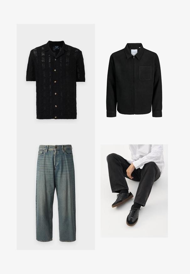 Schwarze Zip-Jacke mit Kragen und einer einzelnen Brusttasche, auf weißem Hintergrund präsentiert.; Schwarze kurzärmlige Strickjacke mit wellenförmigem Muster, Knopfverschluss und klassischem Kragen. Texturiertes, leichtes Material.; Helle blaue Denim-Jeans mit lockerer Passform, mittelhoher Taille und geraden Beinen. Hat fünf Taschen, Gürtelschlaufen und einen Knopfverschluss.; Schwarze Sneakers mit einer glatten und strukturierten Oberfläche, ausgestattet mit einer Gummisohle und dunklen Schnürsenkeln. Kombiniert mit schwarzen Jeans und einem gestreiften weißen Hemd.