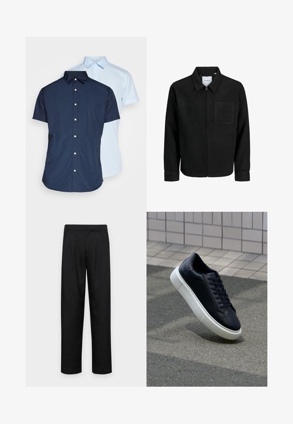 Musta vetoketjullinen takki, jossa on kaulus ja yksi rintatasku, esitelty valkoista taustaa vasten.; Lyhytnuoriset nappipaidat, yksi tummansininen ja yksi vaaleansininen, joissa on kaulukset, etupaneeli ja sileä kangas.; Mustat housut, jotka on valmistettu sileästä kankaasta, suoran lahkeen muotoilulla, kahdella etupleekillä ja tavanomaisella vyötäröllä, jossa on vyölenkit.; Mustat nahkakengät, joissa on pyöristetty kärki ja valkoinen kumipohja. Varusteena litteät nauhat ja minimaalinen ommel ylhäällä. Teksturoitu pohja pitävyyden lisäämiseksi.