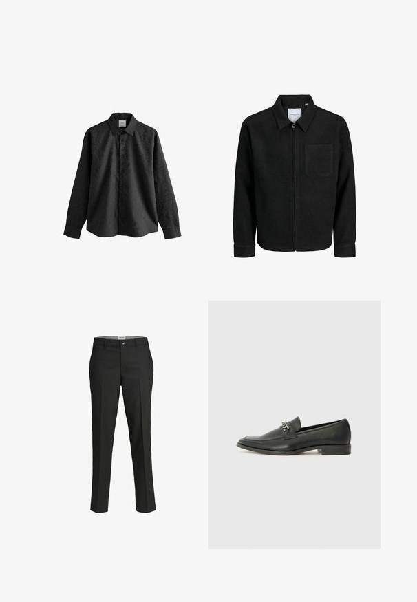 Schwarze Zip-Jacke mit Kragen und einer einzelnen Brusttasche, auf weißem Hintergrund präsentiert.; Schwarzes Langarmhemd mit dezentem Muster, durchgeknöpftem Vorderteil und Kragen. Der Stoff wirkt glatt und leicht.; Schwarze Hosen, taillierte Passform, glattes Material, mittelhoher Bund, vorderer Knopfverschluss, schräge Taschen und Bügelfalten entlang der Beine.; Schwarzer Lederloafer mit glatter Oberfläche, ausgestattet mit einer gesteppten Gestaltung und einem dekorativen Metallkettendetail über dem Vorderblatt. Flacher Absatz.