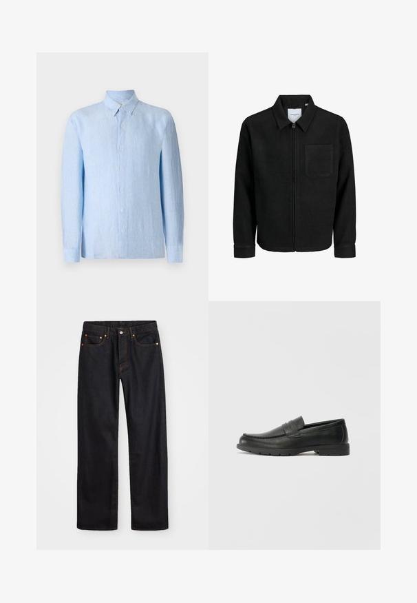 Black zip-up jacket with collar and single chest pocket, displayed on white background.; Light blue, long-sleeve button-down shirt made of textured fabric. Features a classic collar and front button placket.; Men’s straight-leg black denim jeans with five pockets and orange stitching, button and zip closure on front waistband.; Black leather loafers with a smooth finish, moccasin-style upper, stitched detailing, and a rubber sole. Classic design with a low heel.