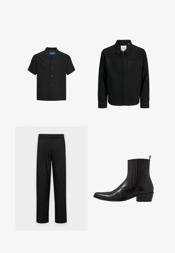 Schwarze Zip-Jacke mit Kragen und einer einzelnen Brusttasche, auf weißem Hintergrund präsentiert.; Schwarzes Kurzarmhemd mit Kragen, aus strukturiertem Stoff, mit einer Knopfleiste vorne und geradem Saum. Logostickerei im Nacken.; Schwarze Hose aus glattem Stoff, mit geradem Bein Design, zwei vorderen Falten und einem Standardbund mit Gürtelschlaufen.; Schwarze Leder- ankle boot mit spitzem Zehenbereich, elastischen Seitenpaneelen, vertikalen Steppnähten und einem niedrigen Blockabsatz.