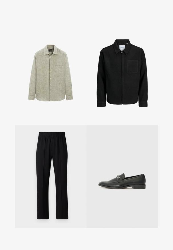 Sort lynlåsjakke med krave og en enkelt brystlomme, vist på hvid baggrund.; Lys grøn langærmet skjorte med knapper lavet af tekstureret stof. Har en brystlomme og en klassisk krave med knaplukning.; Sorte bukser med elastisk talje og lige ben, der har en glat tekstur og ingen synlige mønstre eller hardware.; Sorte læder loafers med en glat finish, der har et syet design og et dekorativt metal kædeaccent hen over vamps. Flad hæl.
