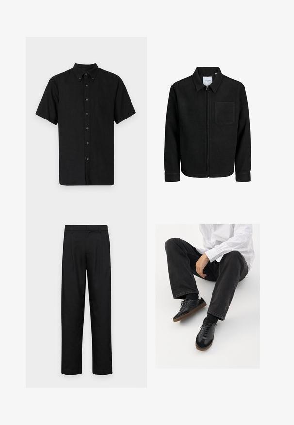 Zwarte zip-up jas met kraag en enkele borstzak, weergegeven op een witte achtergrond.; Zwarte short-sleeve shirt met een button-down kraag, gemaakt van gestructureerde stof, met zwarte knopen die langs de voorkant lopen.; Zwarte broeken van gladde stof, met een recht model, twee voorknikken en een standaard tailleband met riemlussen.; Zwarte sneakers met een glad en textuur detail, voorzien van een rubberen zool en donkere veters. Gecombineerd met zwarte jeans en een wit gestreept shirt.