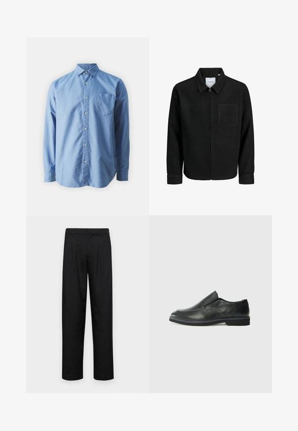 Veste zippée noire avec col et poche poitrine unique, présentée sur fond blanc.; Chemise à manches longues, bleu clair, en coton, avec une poche poitrine et un logo brodé, dotée d'un col classique et d'un ourlet arrondi.; Pantalons noirs en tissu lisse, avec une coupe droite, deux plis avant et une taille standard avec passants de ceinture.; Chaussure slip-on en cuir noir avec une tige lisse, des accents cousus, un bout arrondi et un petit talon en caoutchouc. La semelle présente un profil de traction minimal.