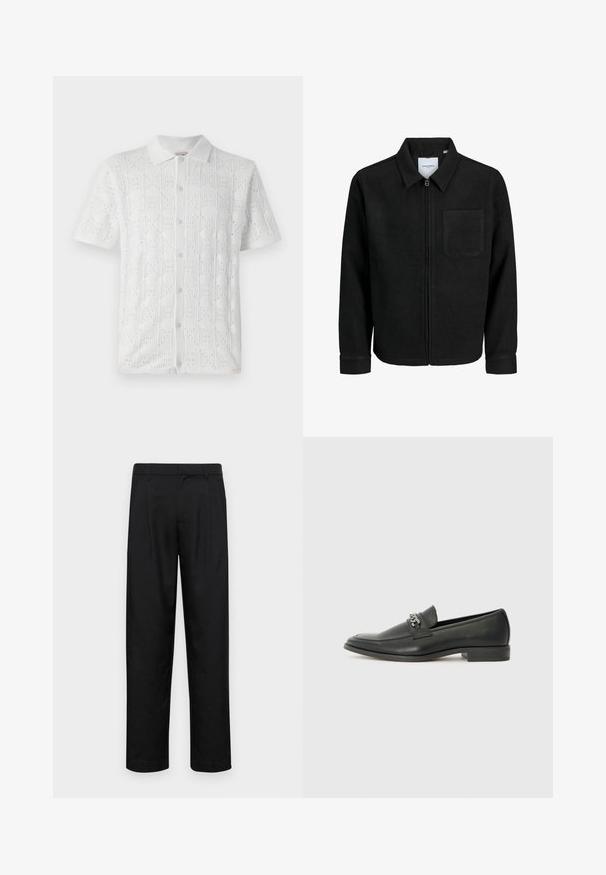 Schwarze Zip-Jacke mit Kragen und einer einzelnen Brusttasche, auf weißem Hintergrund präsentiert.; Weißes kurzärmliges Hemd mit einem strukturierten Gittermuster und kleinen Perforationen, mit einem kragenförmigen Ausschnitt und fünf Knöpfen auf der Vorderseite.; Schwarze Hose aus glattem Stoff, mit geradem Bein Design, zwei vorderen Falten und einem Standardbund mit Gürtelschlaufen.; Schwarzer Lederloafer mit glatter Oberfläche, ausgestattet mit einer gesteppten Gestaltung und einem dekorativen Metallkettendetail über dem Vorderblatt. Flacher Absatz.