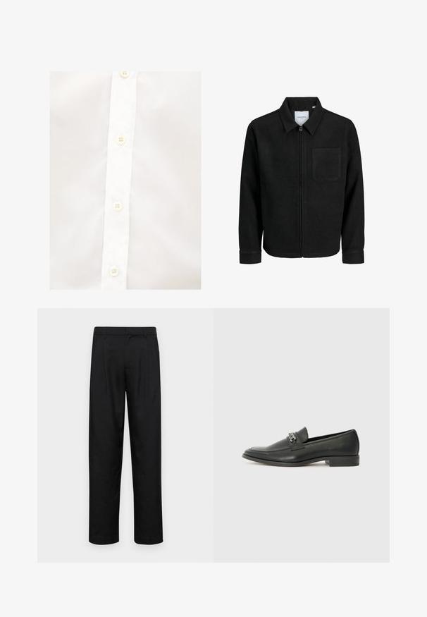 Giacca nera con zip, colletto e una tasca sul petto, mostrata su sfondo bianco.; Camicia bianca con colletto classico, sei bottoni bianchi e un tessuto liscio e leggermente strutturato. Nessun motivo o dettaglio visibile.; Pantaloni neri realizzati in tessuto liscio, caratterizzati da un taglio dritto, due pieghe frontali e una vita standard con passanti per la cintura.; Mocassino in pelle nera con finitura liscia, caratterizzato da un design cucito e da un accento decorativo in catena metallica sul vamp. Tacco piatto.