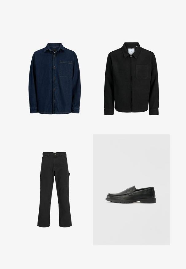 Schwarze Zip-Jacke mit Kragen und einer einzelnen Brusttasche, auf weißem Hintergrund präsentiert.; Dunkelblaue Denim-Hemd mit langen Ärmeln, einem spitzen Kragen und einer Brusttasche. Mit braunen Knöpfen und gelben Nähten.; Schwarze Cargo-Hosen aus einem Baumwoll-Mischgewebe. Mit weitem Bein, schrägen Taschen vorne und einer Seitentasche mit einer Schlaufe für Accessoires.; Schwarze Lederloafers mit glatter Oberfläche, Mokassin-oberteil, genähten Details und Gummisohle. Klassisches Design mit niedrigem Absatz.