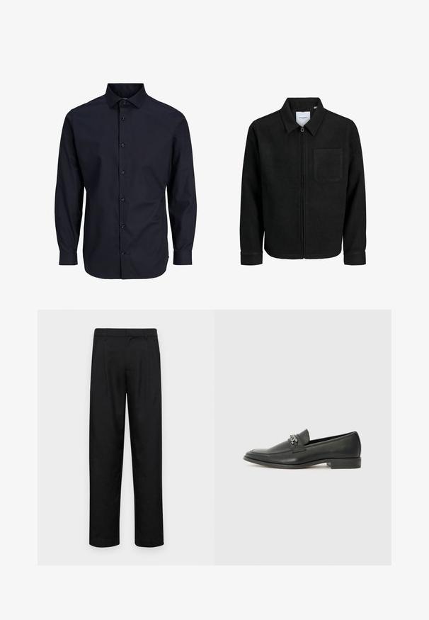 Zwarte zip-up jas met kraag en enkele borstzak, weergegeven op een witte achtergrond.; Navy blauwe blouse met lange mouwen, standaard kraag, voorste sluiting, gladde textuur en knoopsluiting bij de manchetten.; Zwarte broeken van gladde stof, met een recht model, twee voorknikken en een standaard tailleband met riemlussen.; Zwarte leren instapper met een gladde afwerking, voorzien van een gestikt ontwerp en een decoratieve metalen kettingaccent over de wreef. Platte hak.