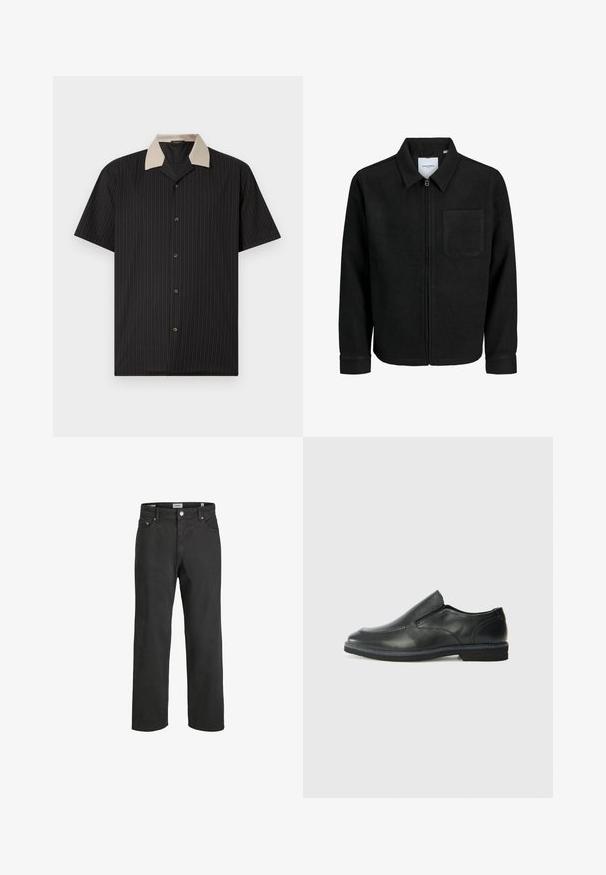 Zwarte zip-up jas met kraag en enkele borstzak, weergegeven op een witte achtergrond.; Korte mouwen shirt in zwart met verticale strepen, voorzien van een beige kraag en knopen aan de voorkant. Gemaakt van lichtgewicht stof met een gladde textuur.; Zwarte rechte jeans van katoen, met een klassieke vijf-pocketontwerp, knoopsluiting en subtiele stiksels.; Zwarte leren instapper met een soepele bovenkant, gestikte accenten, ronde neus en een lage rubberen hak. De zool heeft minimale profiel.