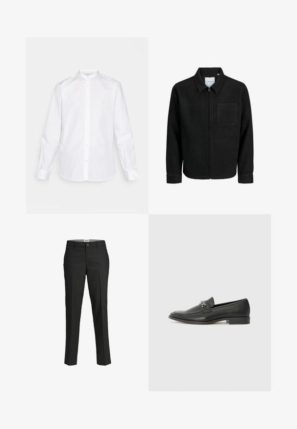 Mustaga lukuga jakker, millel on krae ja üks rinna-tasku, esitatud valgel taustal.; Valge pika varrukaga särk, millel on bändikaelus, nööbid ees ja nööpidega mansetid. Valmistatud siledast kangast, mis on kauni viimistlusega.; Must must on mustre, lühikeste varrukatega ja vabalt langev. Sile tekstuur ja ilma nähtavate mustrite või aktsentideta.; Mustad püksid, kohandatud lõige, sile kangas, keskmise kõrgusega vöökoht, ees nupuga sulgemine, diagonaalsed taskud ja voldid jalgade all.; Must haveate nahkking punased, millel on sile viimistlus, tikitud muster ja dekoratiivne metallkett vampi üle. Tasane konts.