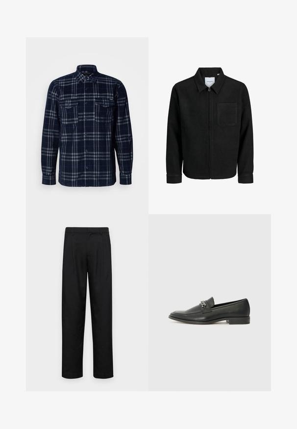 Schwarze Zip-Jacke mit Kragen und einer einzelnen Brusttasche, auf weißem Hintergrund präsentiert.; Dunkelblaues Hemd mit Knöpfen und grau-geblümtem Muster, zwei Brusttaschen mit Knopfklappen und umgelegtem Kragen.; Schwarze Hose aus glattem Stoff, mit geradem Bein Design, zwei vorderen Falten und einem Standardbund mit Gürtelschlaufen.; Schwarzer Lederloafer mit glatter Oberfläche, ausgestattet mit einer gesteppten Gestaltung und einem dekorativen Metallkettendetail über dem Vorderblatt. Flacher Absatz.