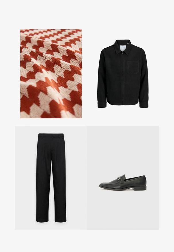 Schwarze Zip-Jacke mit Kragen und einer einzelnen Brusttasche, auf weißem Hintergrund präsentiert.; Next REGULAR FIT - SHORT SLEEVE - Hemd - orange; Schwarze Hose aus glattem Stoff, mit geradem Bein Design, zwei vorderen Falten und einem Standardbund mit Gürtelschlaufen.; Schwarzer Lederloafer mit glatter Oberfläche, ausgestattet mit einer gesteppten Gestaltung und einem dekorativen Metallkettendetail über dem Vorderblatt. Flacher Absatz.