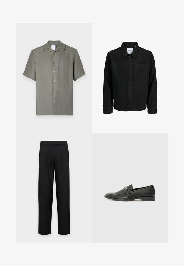 Schwarze Zip-Jacke mit Kragen und einer einzelnen Brusttasche, auf weißem Hintergrund präsentiert.; Kurzärmliges Hemd aus gedämpftem olivgrünem Stoff. Verfügt über einen klassischen Kragen, sieben Frontknöpfe und eine lockere Passform. Glatte Textur.; Schwarze Hose aus glattem Stoff, mit geradem Bein Design, zwei vorderen Falten und einem Standardbund mit Gürtelschlaufen.; Schwarzer Lederloafer mit glatter Oberfläche, ausgestattet mit einer gesteppten Gestaltung und einem dekorativen Metallkettendetail über dem Vorderblatt. Flacher Absatz.