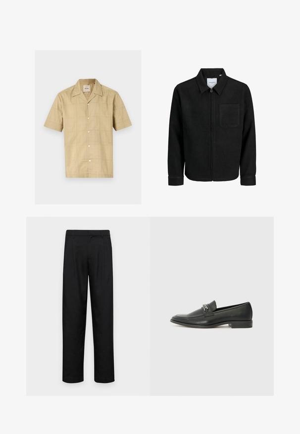 Schwarze Zip-Jacke mit Kragen und einer einzelnen Brusttasche, auf weißem Hintergrund präsentiert.; Kurzärmliges, knöpfbares Hemd in hellem Beige mit einem dezenten Karomuster. Hergestellt aus einem weichen, strukturierten Stoff; verfügt über einen klassischen Kragen und fünf Knöpfe.; Schwarze Hose aus glattem Stoff, mit geradem Bein Design, zwei vorderen Falten und einem Standardbund mit Gürtelschlaufen.; Schwarzer Lederloafer mit glatter Oberfläche, ausgestattet mit einer gesteppten Gestaltung und einem dekorativen Metallkettendetail über dem Vorderblatt. Flacher Absatz.