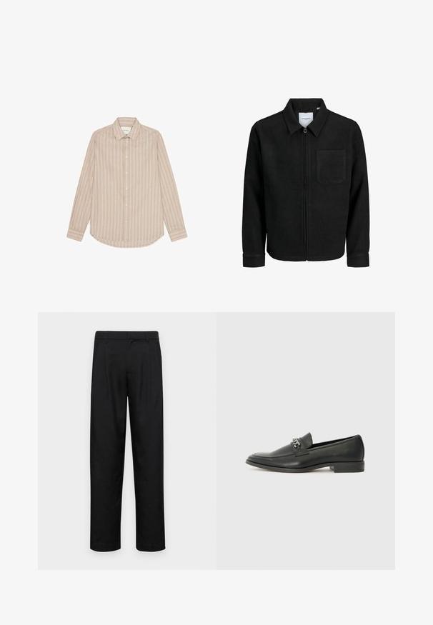 Fekete, zipzáros dzseki gallérral és egyetlen mellzsebbel, fehér háttéren.; Beige, hosszú ujjú ing, függőleges fehér csíkokkal, gombos gallérral és kerekített hemrésszel. Fehér gombokkal és diszkrét logó hímzéssel rendelkezik.; Fekete nadrág sima anyagból, egyenes szárú fazonnal, két elülső redővel és közönséges derékkal, övhurkokkal.; Fekete bőr loaferek sima felülettel, varrott mintával és díszítő fém lánccal a cipő elején. Lapos sarok.