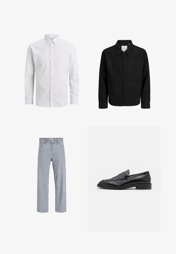 Giacca nera con zip, colletto e una tasca sul petto, mostrata su sfondo bianco.; Camicia da uomo a maniche lunghe bianca realizzata in cotone liscio, con colletto classico e chiusura frontale a bottoni, priva di fantasie o accessori.; Jeans in denim azzurro chiaro con vestibilità rilassata, design a gamba dritta, cuciture visibili, due tasche frontali e chiusura con bottone.; Mocassini in pelle nera con finitura liscia, caratterizzati da una punta tonda e una fascia stretta sulla parte superiore. Tacco basso impilato.