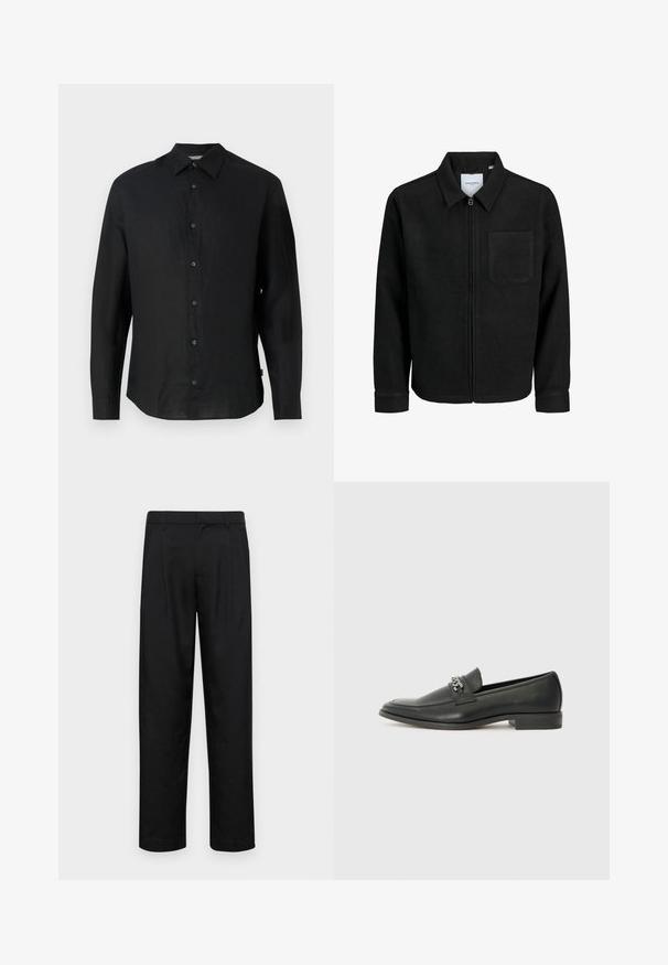 Black zip-up jacket with collar and single chest pocket, displayed on white background.; Black, long-sleeve shirt made of lightweight linen. Features a pointed collar, button-front closure, and a straight hem. Soft texture.; Black trousers made of smooth fabric, featuring a straight-leg design, two front pleats, and standard waistband with belt loops.; Black leather loafer with a smooth finish, featuring a stitched design and a decorative metal chain accent across the vamp. Flat heel.