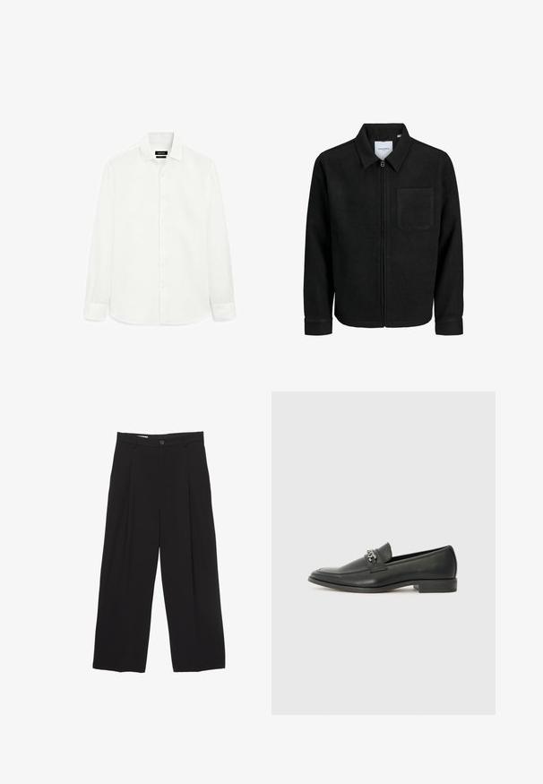 Giacca nera con zip, colletto e una tasca sul petto, mostrata su sfondo bianco.; Camicia bianca a maniche lunghe realizzata in tessuto morbido, con colletto classico, chiusura frontale con bottoni e orlo dritto. Senza motivi o accenti.; Pantaloni neri a gamba larga realizzati in tessuto morbido, con vita piatta, pinces frontali e chiusura con un bottone.; Mocassino in pelle nera con finitura liscia, caratterizzato da un design cucito e da un accento decorativo in catena metallica sul vamp. Tacco piatto.