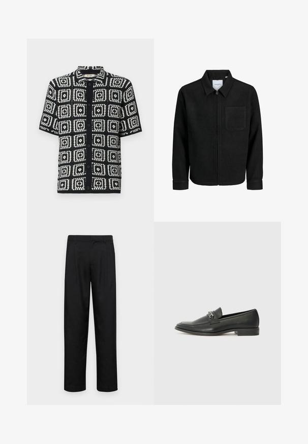 Schwarze Zip-Jacke mit Kragen und einer einzelnen Brusttasche, auf weißem Hintergrund präsentiert.; Kurzarmhemd in Schwarz und Weiß mit einem quadratischen Muster. Hergestellt aus strukturiertem Stoff, mit Knopfleiste und spitzem Kragen.; Schwarze Hose aus glattem Stoff, mit geradem Bein Design, zwei vorderen Falten und einem Standardbund mit Gürtelschlaufen.; Schwarzer Lederloafer mit glatter Oberfläche, ausgestattet mit einer gesteppten Gestaltung und einem dekorativen Metallkettendetail über dem Vorderblatt. Flacher Absatz.
