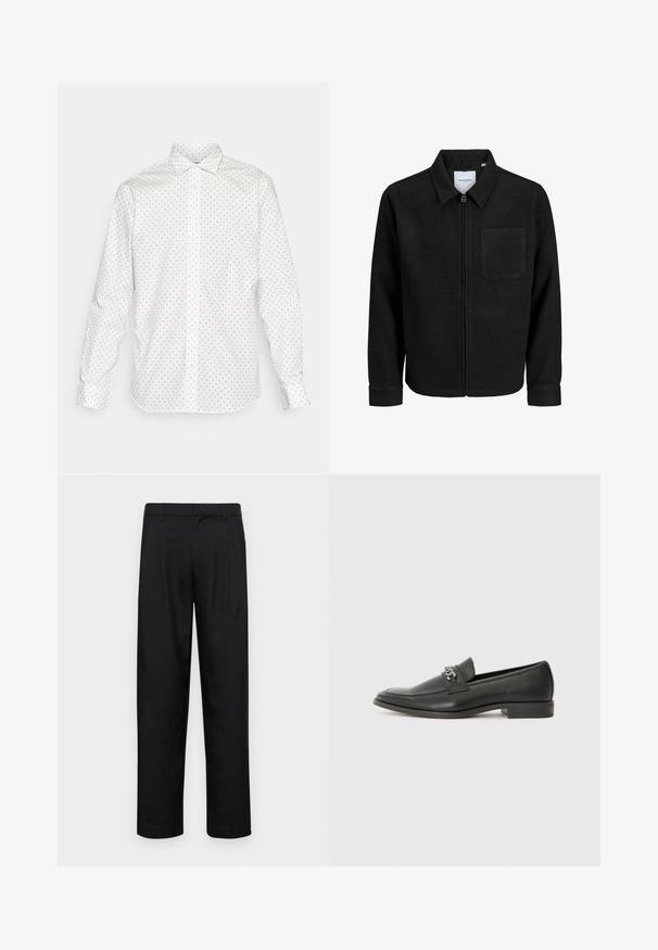 Fekete, zipzáros dzseki gallérral és egyetlen mellzsebbel, fehér háttéren.; Jack & Jones JJJOE PRINT SHIRT - Alkalmi ing - white/ditsy; Fekete nadrág sima anyagból, egyenes szárú fazonnal, két elülső redővel és közönséges derékkal, övhurkokkal.; Fekete bőr loaferek sima felülettel, varrott mintával és díszítő fém lánccal a cipő elején. Lapos sarok.