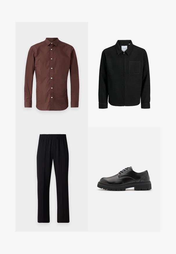 Čierna zipsová bunda s golierom a jednou náprsníkou, vystavená na bielom pozadí.; Hnedá košeľa s dlhým rukávom vyrobená z hladkej bavlny. Má golier s gombíkmi a predné gombíky s úzkym, priliehavým strihom.; Čierne nohavice s elastickým pásom a rovnými nohavicami, majú hladkú textúru a žiadne viditeľné vzory ani kovové doplnky.; Čierne kožené topánky s okrúhlou špičkou, šnurovací dizajn a hrubou, textúrovanou gumovou podrážkou. Má šitie pozdĺž okraja a hladký povrch.