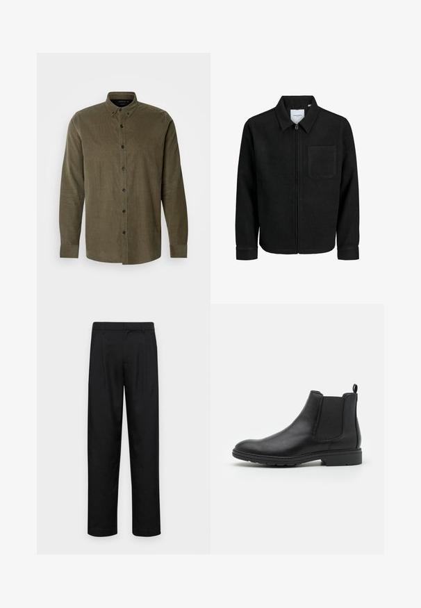 Mustaga lukuga jakker, millel on krae ja üks rinna-tasku, esitatud valgel taustal.; Õlivärvi kõrvitsakanga särk pikkade varrukatega, nööbiga krae, ees nööbiplakk ja mustad plastist nööbid. Pehme tekstuuriga kangas.; Mustad mustadest riietest, millel on sirge jalgade disain, kaks eesmist voltimist ja tavaline vöökoht, millel on vöökohad.; Mustat nahast Chelsea saapad elastsete külgpaneelide ja tõmbeotsaga, ümarate varvaste ja tekstuurse kummitaldiga.