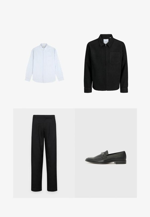 Czarna kurtka z zamkiem na całej długości, z kołnierzem i jedną kieszenią na piersi, umieszczona na białym tle.; Scalpers - Koszula; Czarne spodnie wykonane z gładkiego materiału, z prostą nogawką, dwoma fałdami z przodu oraz standardowym paskiem z wypustkami na pasek.; Czarne skórzane mokasyny o gładkim wykończeniu, z haftowanym wzorem i dekoracyjnym akcentem z metalowego łańcucha na wierzchu. Płaska pięta.